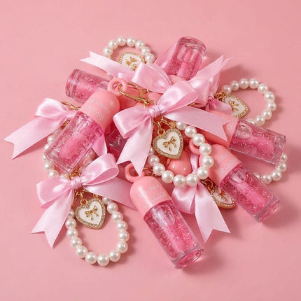 Coquette bow pearl lip gloss with Keychain
