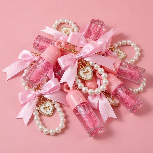Coquette bow pearl lip gloss with Keychain