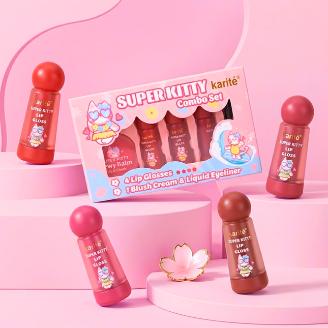 Karite | Super Kitty Combo Set (Blush Cream+4 Lip Gloss + Liquid Eyeliner)