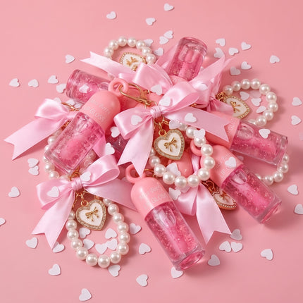 Coquette bow pearl lip gloss with Keychain