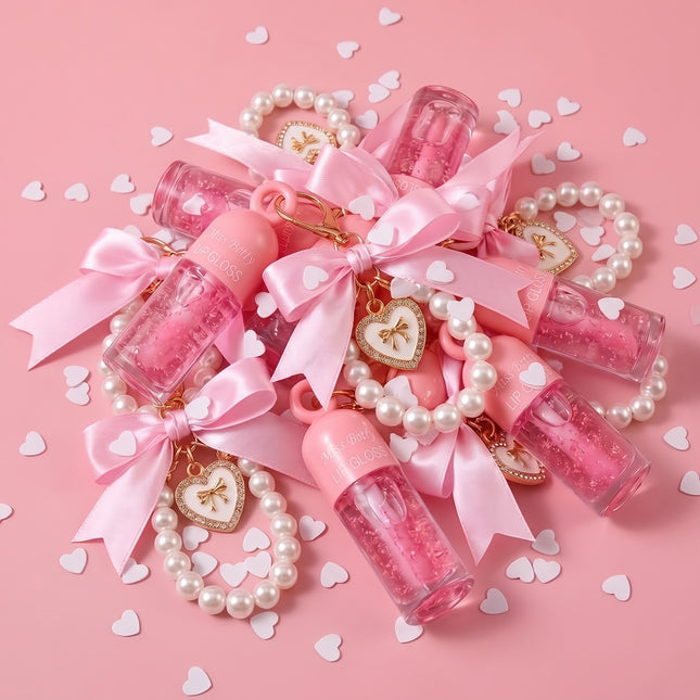 Coquette bow pearl lip gloss with Keychain