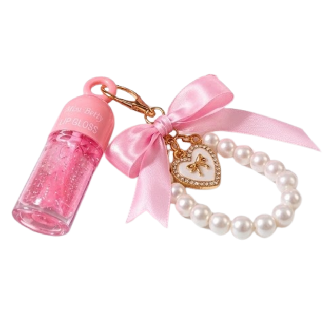 Coquette bow pearl lip gloss with Keychain
